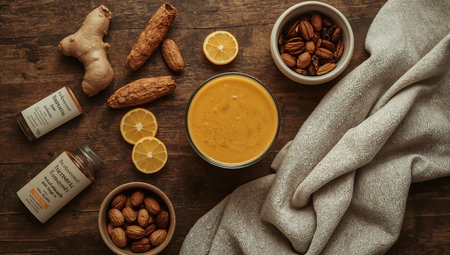 Top view of a bowl of turmeric latte with ingredients.の素材
