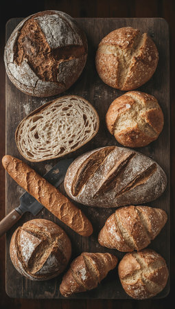 Different types of bread on a wooden background. Top view with copy space.の素材