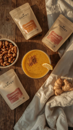 Ginger milk, honey and nuts in a glass on a wooden tableの素材