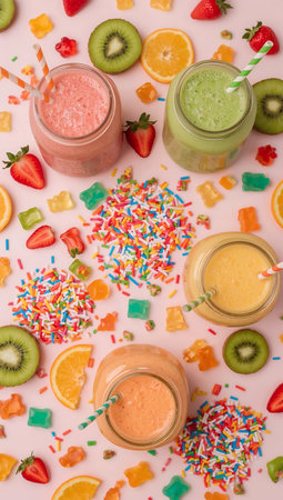 Smoothies with fruit and colorful sprinkles on a pink backgroundの素材