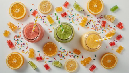 Top view of fresh smoothies with colorful candies on white backgroundの素材