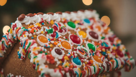 Christmas cake with colorful candies on the background of the Christmas treeの素材