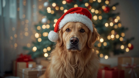 Golden retriever dog in santa claus hat on Christmas backgroundの素材