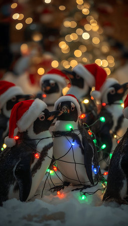 Penguins with Christmas lights on a background of a Christmas treeの素材