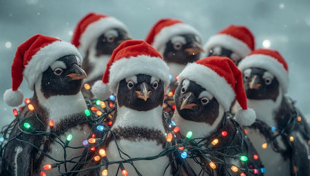 Group of penguins in Santa Claus hats with Christmas lights. Christmas background.の素材