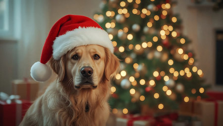 Golden retriever dog in Santa Claus hat on background of Christmas tree.の素材