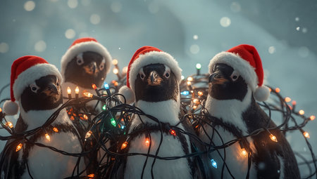 Group of penguins in Santa Claus hats with Christmas lights on the backgroundの素材