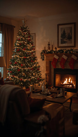 Christmas tree and fireplace in the living room at home. Winter holidaysの素材