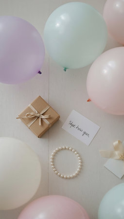 gift box and balloons on white wooden background with space for textの素材