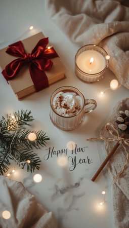 Cup of coffee with marshmallows, gift box and Christmas lights on white backgroundの素材