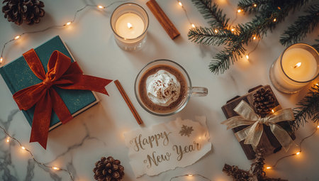Cup of coffee with marshmallow, gift box and christmas lights on white marble backgroundの素材