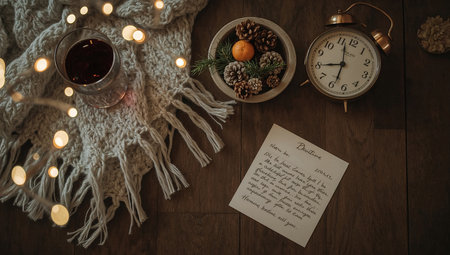 Cozy winter composition with cup of tea, alarm clock, knitted scarf and Christmas decorations on a wooden background.の素材