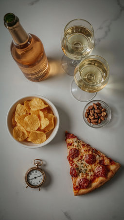 Two glasses of white wine, crackers and pizzale backgroundの素材