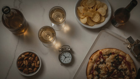 Pizza, wine and snacks on a white background. Top viewの素材