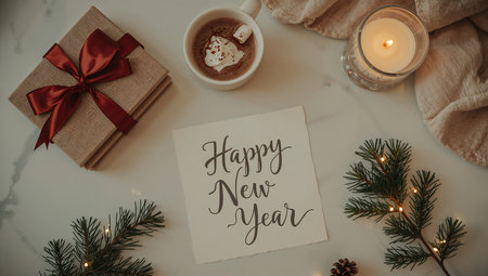 Happy New Year greeting card with cup of cocoahmallows, gift box and fir branches on white marble background. Top view.の素材