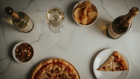 top view of bottles of wine, potato chips and pizzale tableの素材