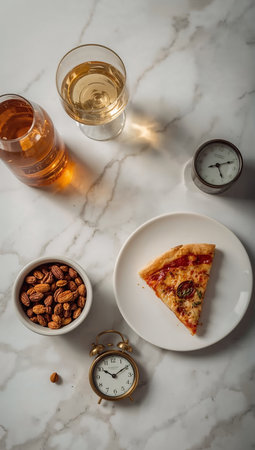 Piece of pizza with nuts and glasses of winele backgroundの素材