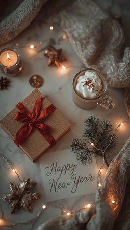 Cup of cappuccino with marshmallow, gift box and Christmas lights on white marble backgroundの素材