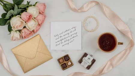 Wedding invitation mockup with roses, chocolate candies, envelope and pearl necklaceの素材