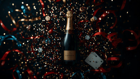 Champagne bottle with playing cards and confetti on dark background.の素材