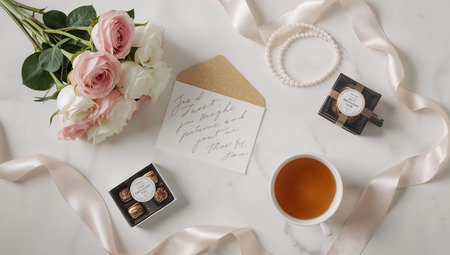 Wedding rings, cup of tea and rosesle backgroundの素材