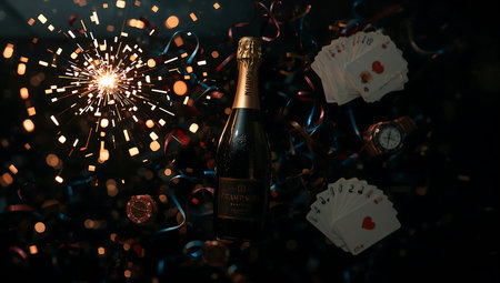 Champagne bottle with playing cards and fireworks on a dark background.の素材