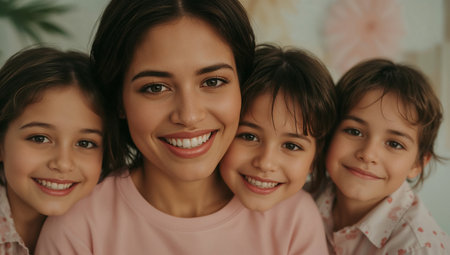 Portrait of beautiful mother and her daughters looking at camera and smilingの素材