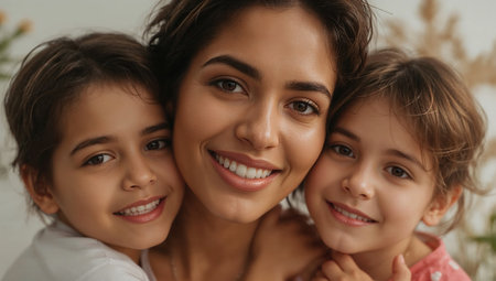 Portrait of happy mother and her daughters looking at camera at homeの素材