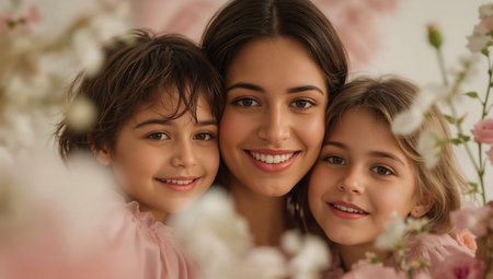 Portrait of beautiful mother and her daughters in pink dress on floral backgroundの素材