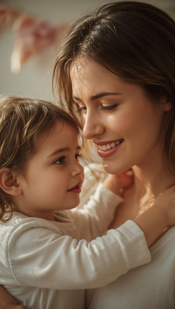 Portrait of happy mother and her little daughter looking at each otherの素材