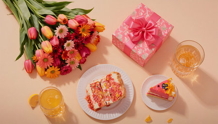 Top view of birthday cake and flowers with gift box on pink backgroundの素材