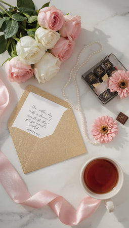 wedding invitation with roses and cup of tea, top viewの素材