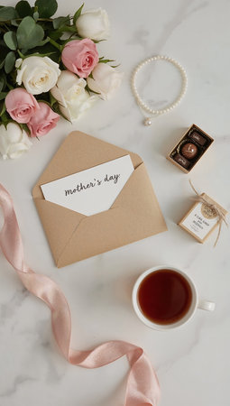 Wedding invitation with envelope, cup of tea and flowers on white marble backgroundの素材
