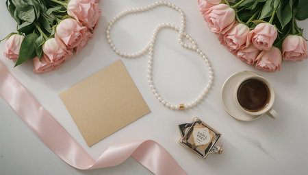 Flat lay composition with a bouquet of pink roses, a pearl necklace, a card and a cup of coffeeの素材
