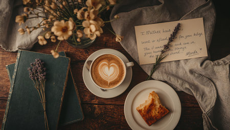 Cup of coffee with croissant and book on wooden tableの素材