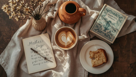 Cup of coffee with a note in the form of a heart.の素材