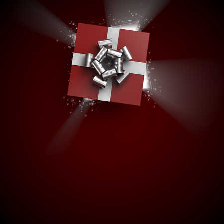 3D Illustration or a Red Surprise Gift Box/Present with Sparkling Stars on a dark red background. Perfect for party invites or a Christmas party poster.の写真素材