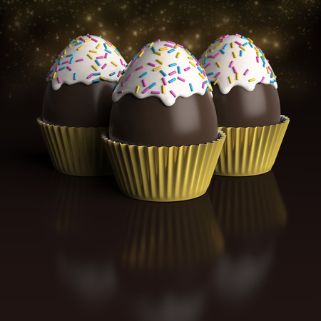 3D Illustration - 3 Chocolate Easter Eggs with white glaze and multicoloured sprinkles. Perfect for those easter posters or invites.の写真素材