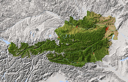 Austria. Shaded relief map. Surrounding territory greyed out. Colored according to vegetation....