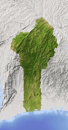 Benin. Shaded relief map. Surrounding territory greyed out. Colored according to vegetation. Includes clip path for the state area.Projection: MercatorExtents: 0.1/4.5/5.1/13.5Data source: NASAの写真素材