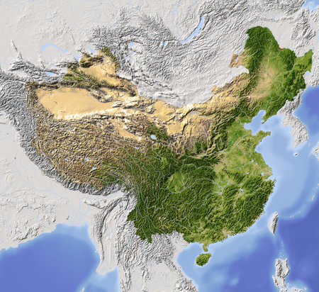 China, shaded relief map. Colored according to vegetation, with major urban areas. Includes clip path for the state boundary. Projection: Lambert Conic Conformal 110/40/15/65; Geographic extents: W: 82; E: 140; S: 10; N: 55の写真素材