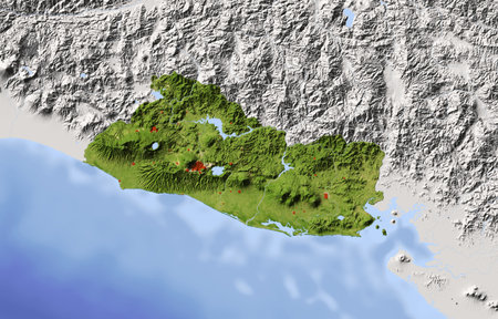 El Salvador. Shaded relief map. Surrounding territory greyed out. Colored according to vegetation....