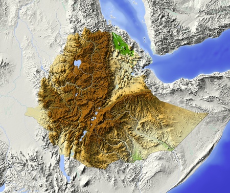 Ethiopia. Shaded relief map. Surrounding territory greyed out. Colored according to elevation. Includes clip path for the state area.Projection: MercatorExtents: 31/49.7/1.5/17Data source: NASAの写真素材