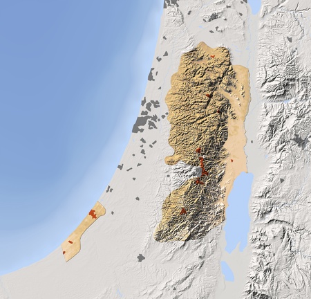 Gaza Strip and West Bank. Shaded relief map. Surrounding territory greyed out. Colored according to elevation. Includes clip path for the state area.
Projection: Mercator
Extents: 33.8/36.0/31/32.8
の写真素材