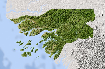 Guinea-Bissau. Shaded relief map. Surrounding territory greyed out. Colored according to vegetation. Includes clip path for the state area.Projection: MercatorExtents: -17/-13.3/10.6/13.0Data source: NASAの写真素材