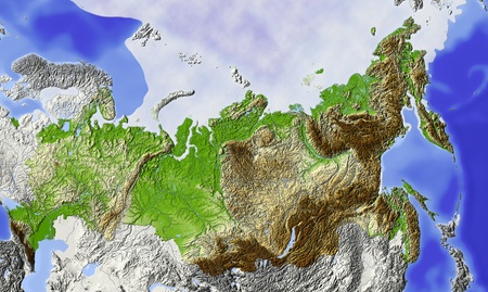 Russia. Shaded relief map of Russian Federation, with rivers, major urban areas and polar ice. Surrounding territory greyed out. Colored according to terrain height. の写真素材