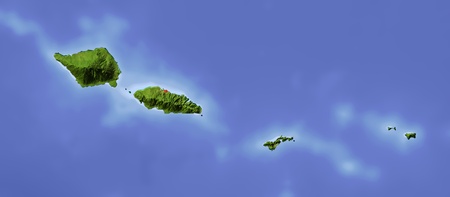 Samoa and American Samoa, shaded relief map. Colored according to vegetation, with major urban areas. Includes clip path for the land area. 
Projection: Mercator ; Geographic extents: W: -173.3; E: -169.1; S: -14.8; N: -13の写真素材