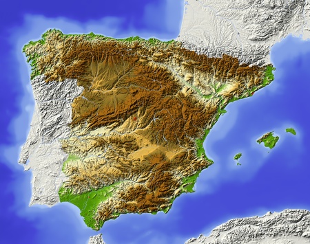 Spain. Shaded relief map. Surrounding territory greyed out. Colored according to elevation. Includes clip path for the state area.Projection: MercatorExtents: -10.4/5/35.5/44.8の写真素材