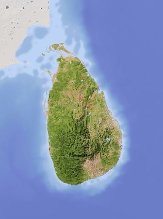 Sri Lanka. Shaded relief map with major urban areas. Surrounding territory greyed out. Colored according to vegetation. Includes clip path for the state area.Projection: Standard MercatorExtents: 78.5, 83.0, 5.0, 11.0Data source: NASAの写真素材