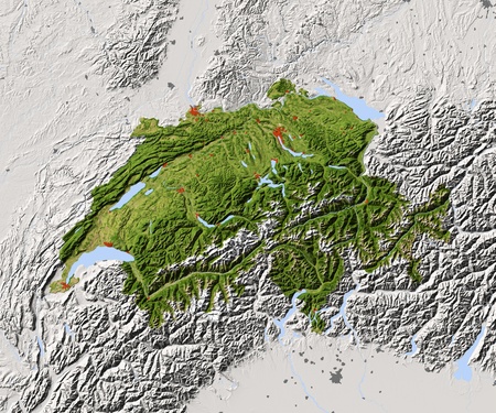 Switzerland. Shaded relief map. Surrounding territory greyed out. Colored according to vegetation. Includes clip path for the state area.Projection: MercatorExtents: 5.4/11/45.2/48.4Data source: NASAの写真素材